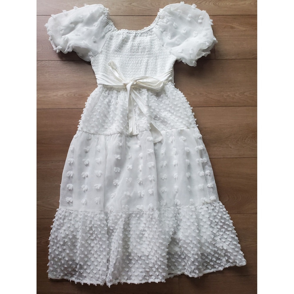 Polagram White Dot Smocked w/ Puff Sleeve Midi Dress Womens Medium NWT - Picture 11 of 16
